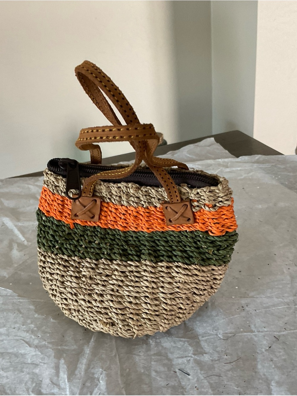 Mini  African Woven Sisal Kiondo Leather Strap with Zip